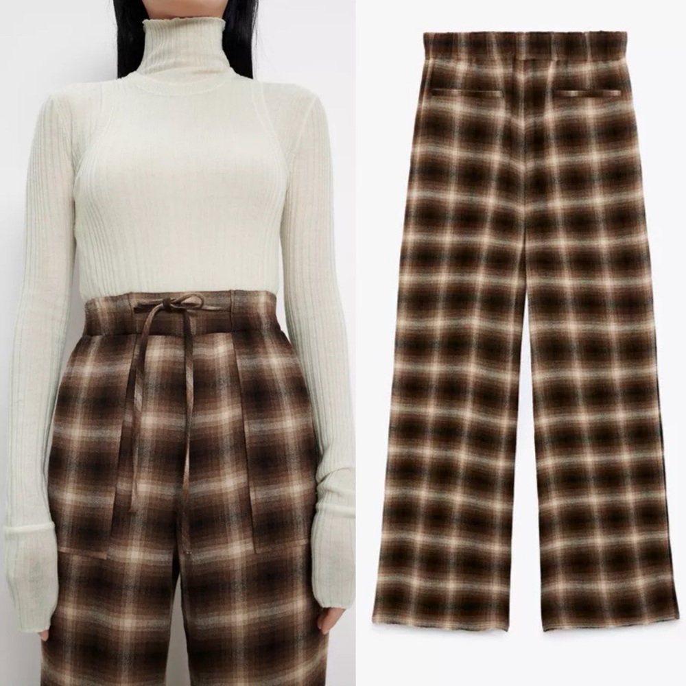 ZARA | HIGH RISE SOFT BROWN PLAID NEUTRAL CLEAN GIRL PANTS TROUSERS